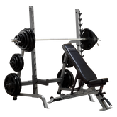 Commercial adjustable Olympic package with squat rack and bench for effective strength training.
